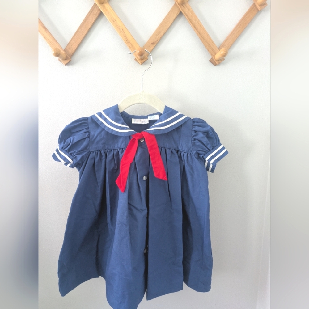 Rare Vintage ALLMINE Navy Blue Sailor Dress with Red Bow
